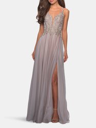 Chiffon Long Dress With V Neck And Lace - Grey/Pink