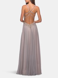 Chiffon Long Dress With V Neck And Lace