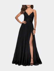 Chiffon Prom Dress with Sheer Floral Lace Bodice - Black