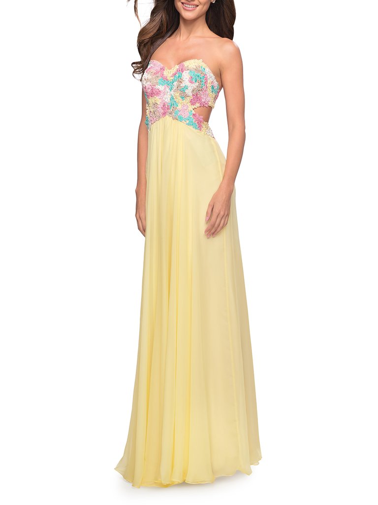 Chiffon Prom Gown With Lace, Jewels, And Cut Outs - Lemon