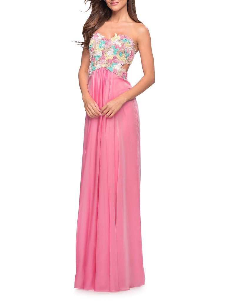 Chiffon Prom Gown With Lace, Jewels, And Cut Outs - Sherbert