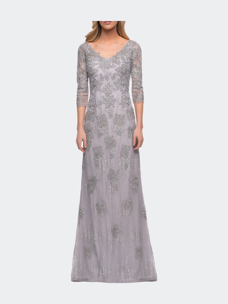 Column Lace Mother of the Bride Dress with V Neckline - Silver