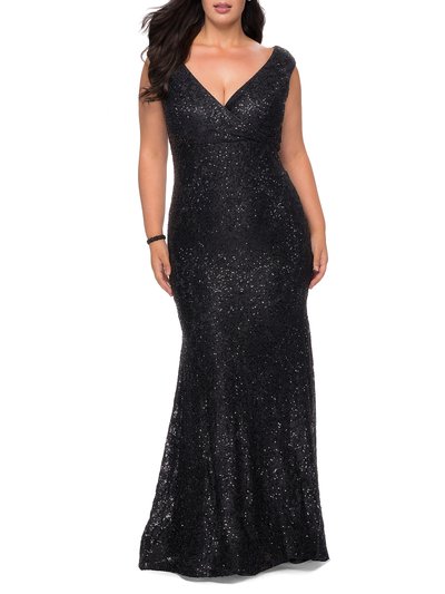 La Femme Curvy Stretch Lace Dress with V-Neck and Rhinestones product