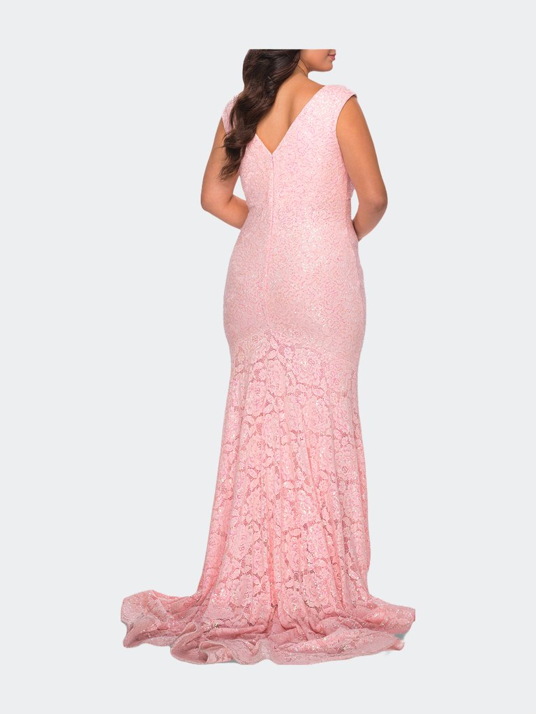 Curvy Stretch Lace Dress with V-Neck and Rhinestones