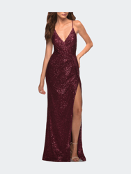 Draped Slit Long Sequin Gown With Lace Up Back - Burgundy