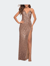Draped Slit Long Sequin Gown With Lace Up Back - Rose Gold