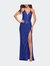 Draped Slit Long Sequin Gown With Lace Up Back - Royal Blue