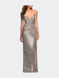 Draped Slit Long Sequin Gown With Lace Up Back - Silver