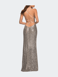 Draped Slit Long Sequin Gown With Lace Up Back