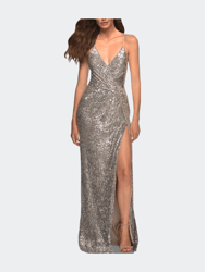 Draped Slit Long Sequin Gown With Lace Up Back