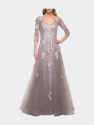 Elegant A-Line Gown with Lace Applique and V Neck - Silver/Pink