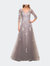 Elegant A-Line Gown with Lace Applique and V Neck - Silver/Pink