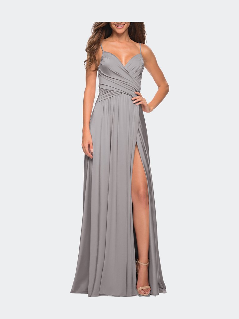Elegant Criss-Cross Ruched Bodice Jersey Dress - Silver