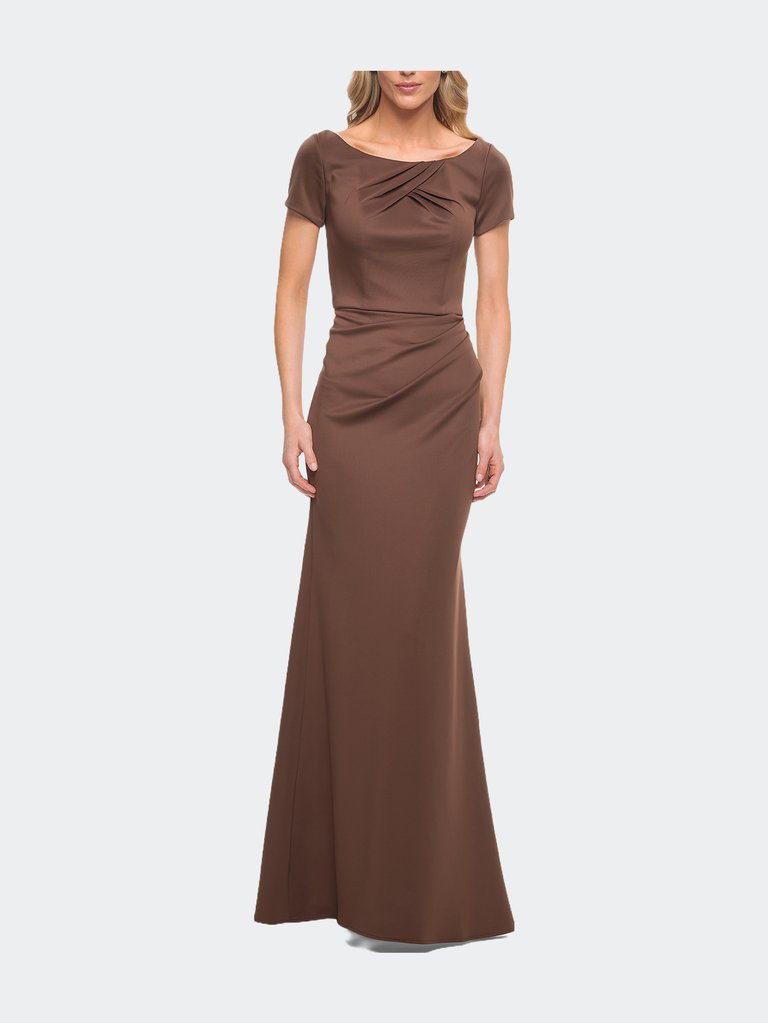 Elegant Long Jersey Dress With Short Sleeves - Cocoa