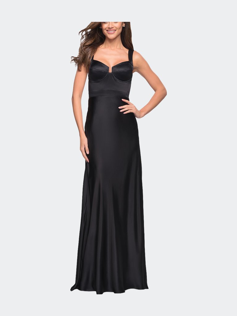 Elegant Satin Gown with Corset Top and Beaded Waist - Black