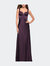 Elegant Satin Gown with Corset Top and Beaded Waist - Eggplant