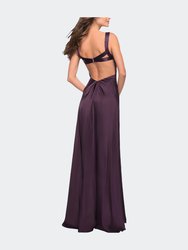 Elegant Satin Gown with Corset Top and Beaded Waist