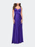 Elegant Satin Gown with Corset Top and Beaded Waist - Indigo