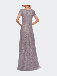 Embroidered Lace Long Gown with Short Sleeves