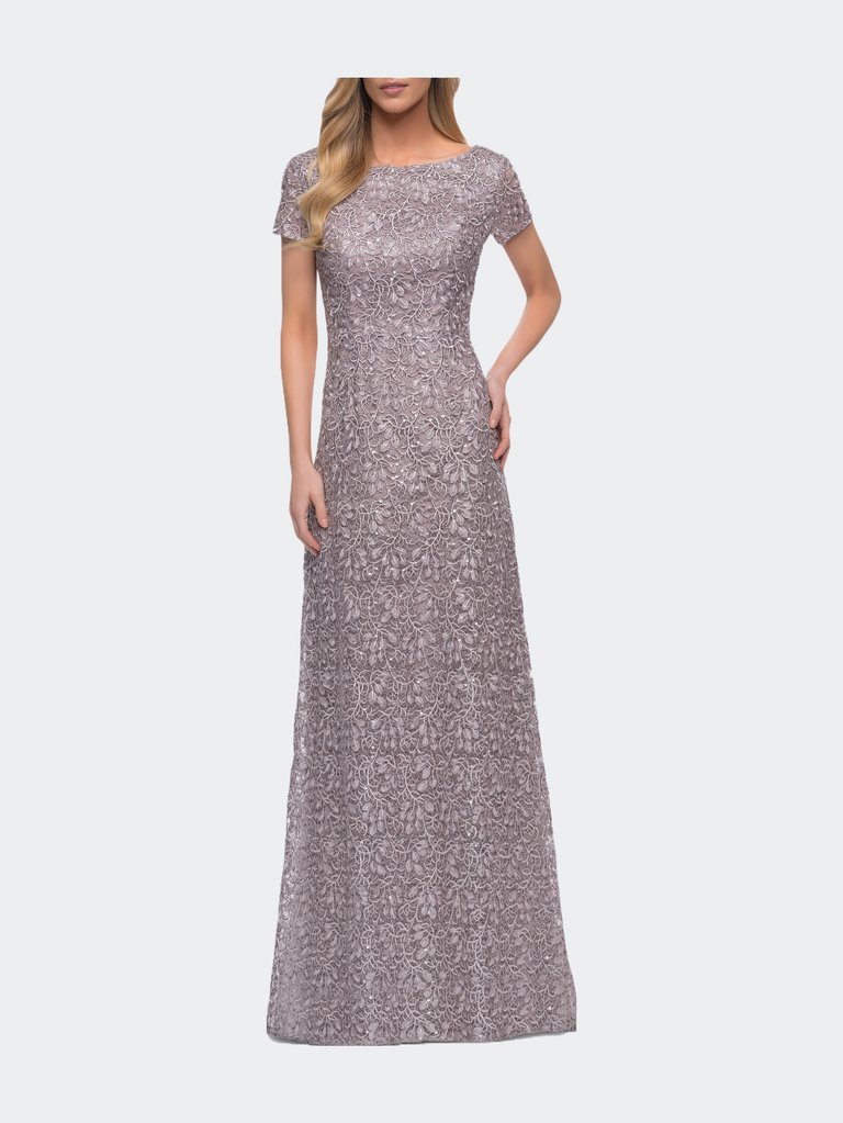 Embroidered Lace Long Gown with Short Sleeves