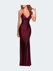 Empire Waist Dress with Ruching and Lace Up Back - Dark Berry