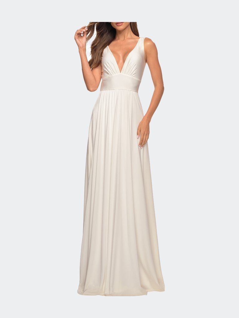 Empire Waist Gown with Deep V Neckline - White