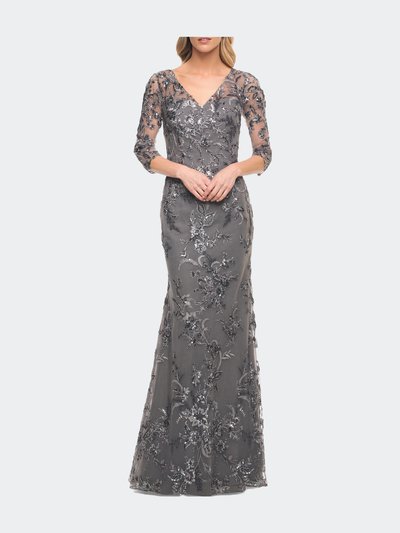 La Femme Exquisite Lace Beaded Long Gown with Sheer Sleeves product