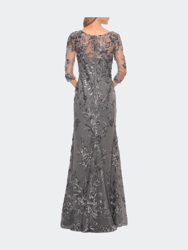 Exquisite Lace Beaded Long Gown with Sheer Sleeves