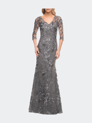 Exquisite Lace Beaded Long Gown with Sheer Sleeves
