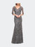 Exquisite Lace Beaded Long Gown with Sheer Sleeves - Gunmetal