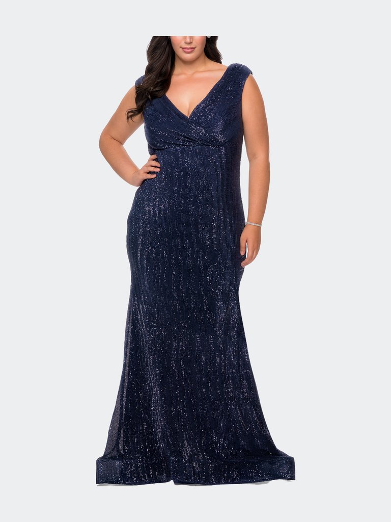 Faux Wrap Bodice Sequin Plus Size Gown - Navy