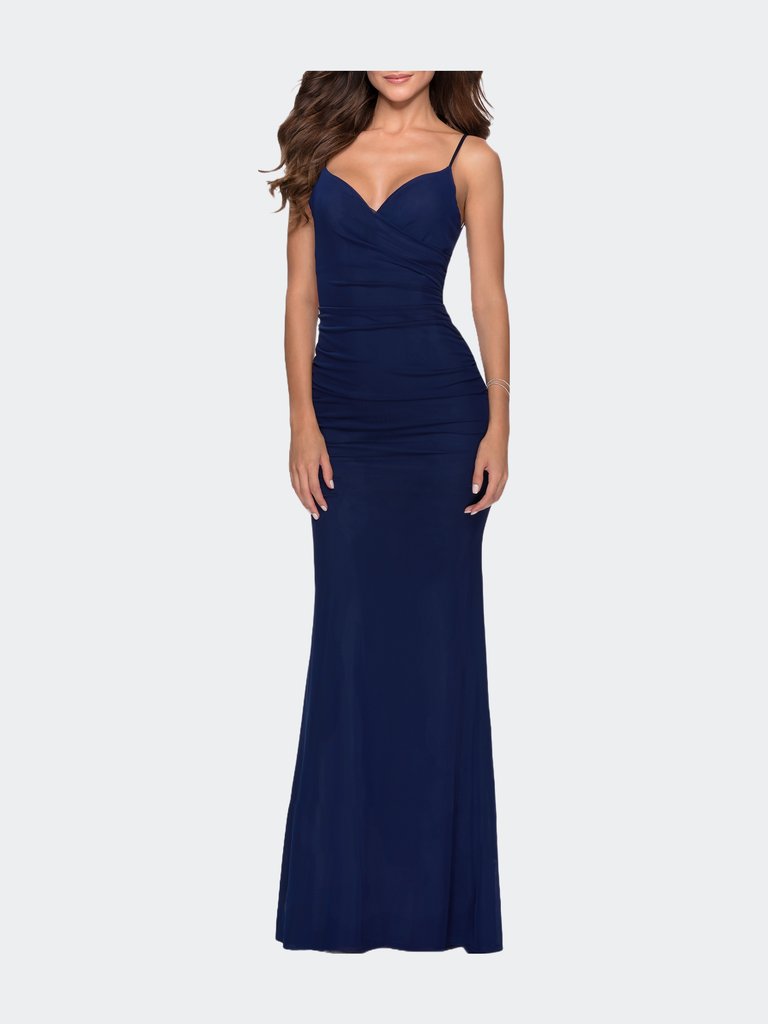Fitted Jersey Long Dress With Lace Up Back - Navy