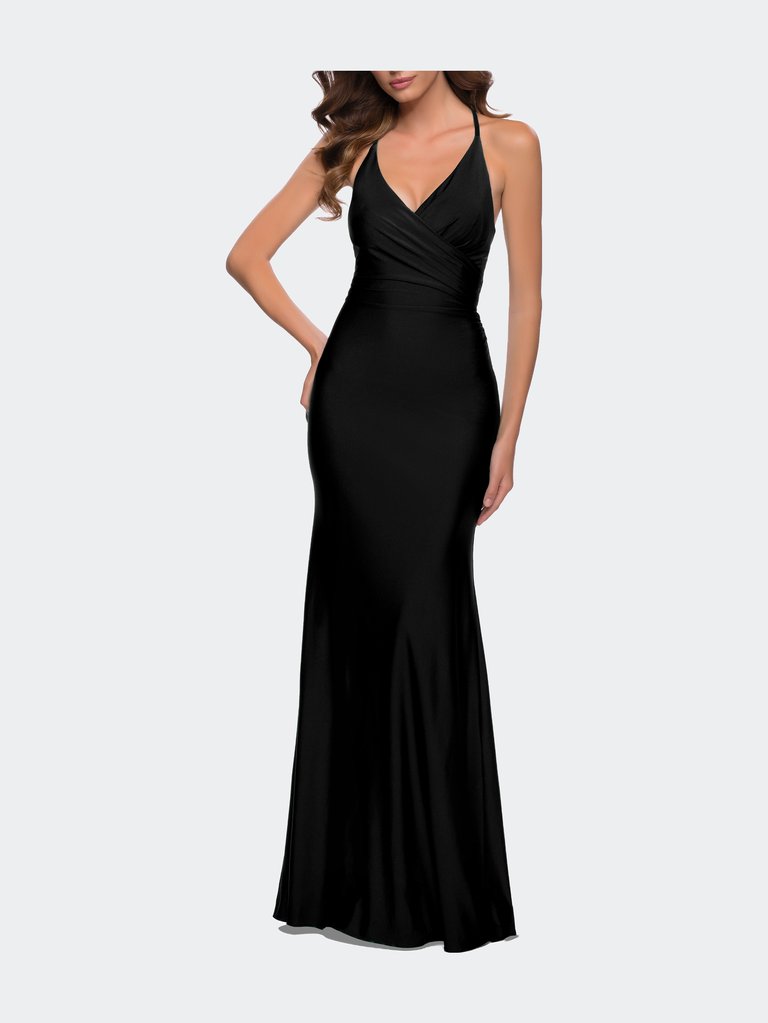 Fitted Long Jersey Gown with Criss Cross Bodice - Black