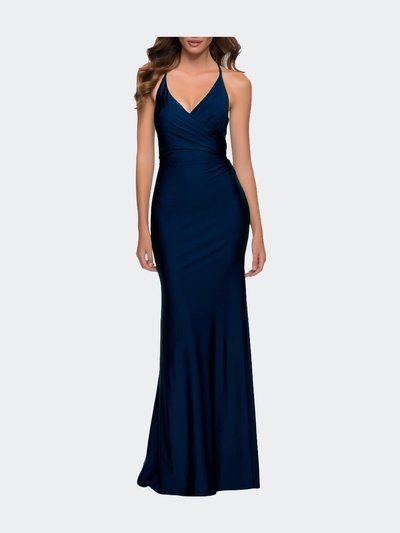 La Femme Fitted Long Jersey Gown with Criss Cross Bodice product
