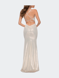 Fitted Metallic Jersey Gown with Open Criss Cross Strappy Back