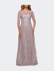 Floor Length Floral Dress with Three Quarter Sleeves - Orchid Pink