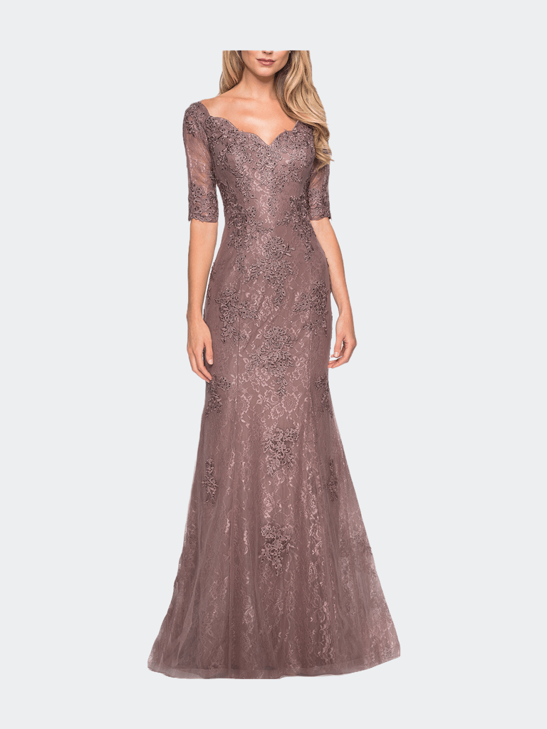 Floor Length Lace Dress With Rhinestone Accents - Cocoa