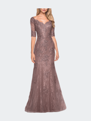 Floor Length Lace Dress With Rhinestone Accents - Cocoa