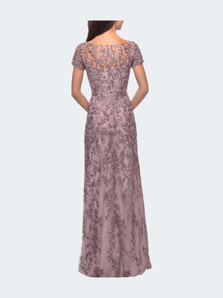 Floral Beaded Evening Dress With Sheer Cap Sleeves