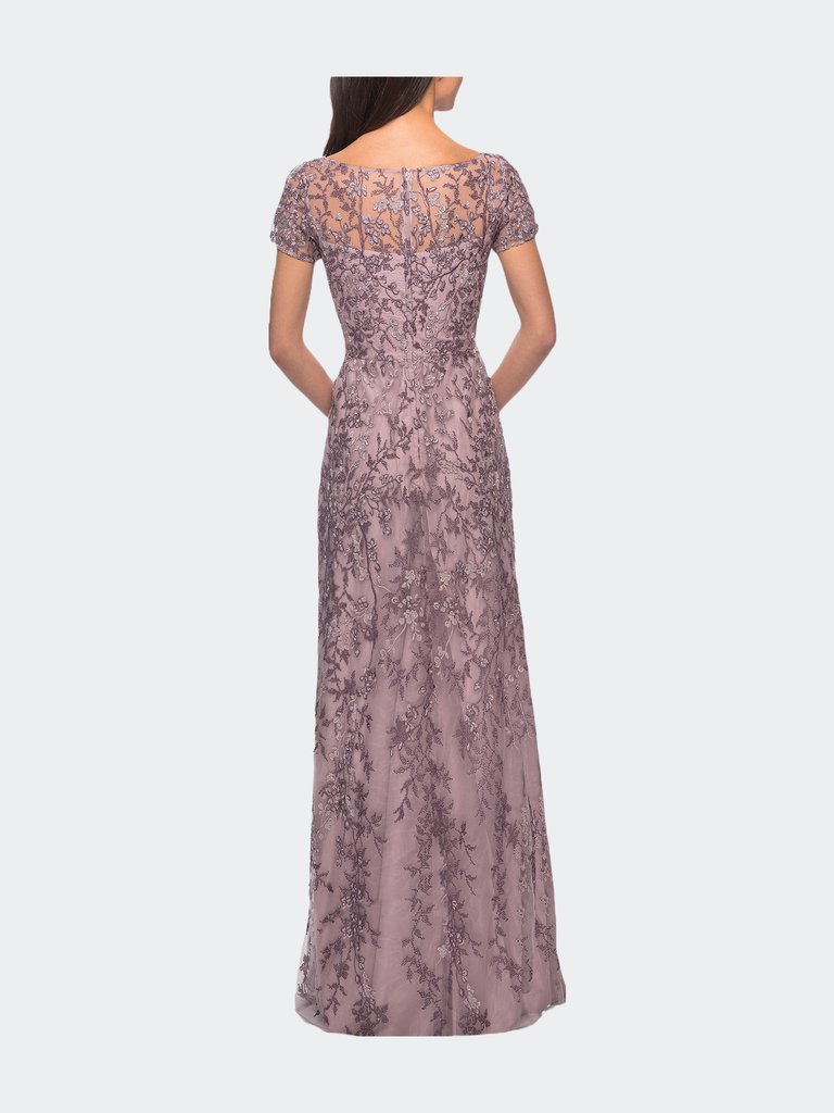 Floral Beaded Evening Dress With Sheer Cap Sleeves