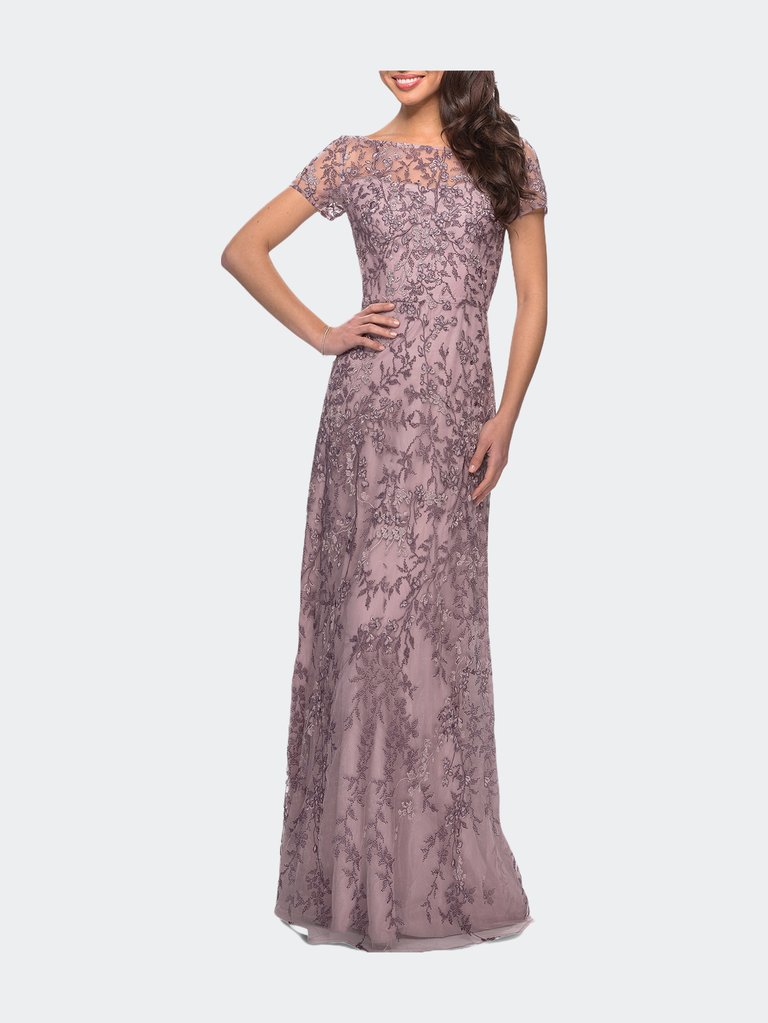 Floral Beaded Evening Dress With Sheer Cap Sleeves - Dusty Lilac