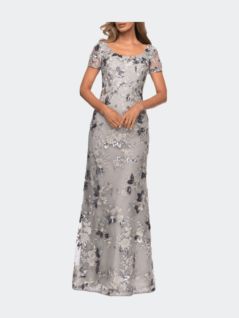 Floral Short Sleeve Formal Dress with Scoop Neck - Silver