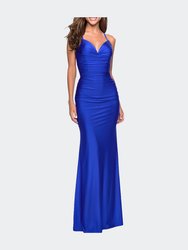 Form Fitting Jersey Dress with Ruching and Strappy Back - Sapphire Blue