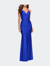 Form Fitting Jersey Dress with Ruching and Strappy Back - Sapphire Blue