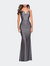 Form Fitting Jersey Dress with Ruching and Strappy Back - Gunmetal