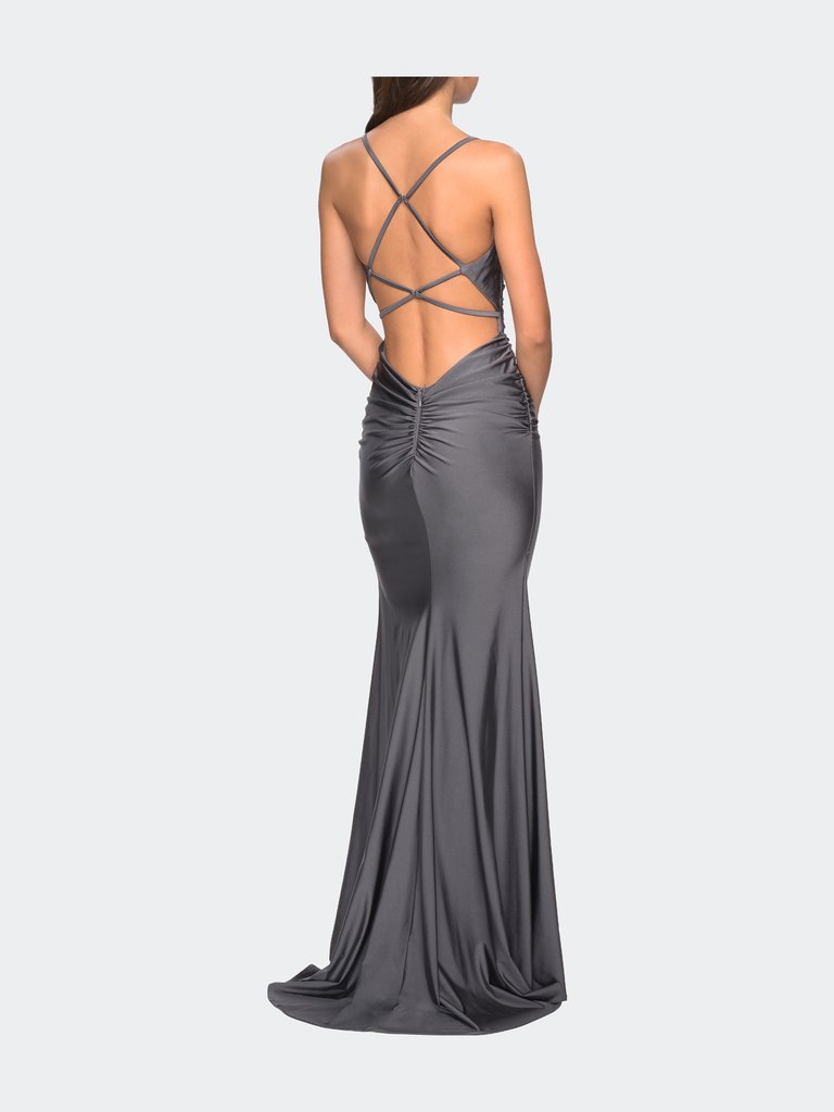 Form Fitting Jersey Dress with Ruching and Strappy Back