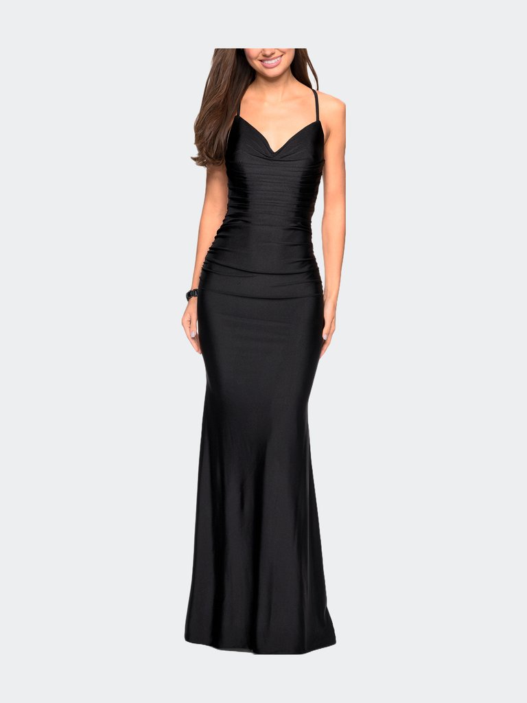 Form Fitting Jersey Dress with Ruching and Strappy Back - Black
