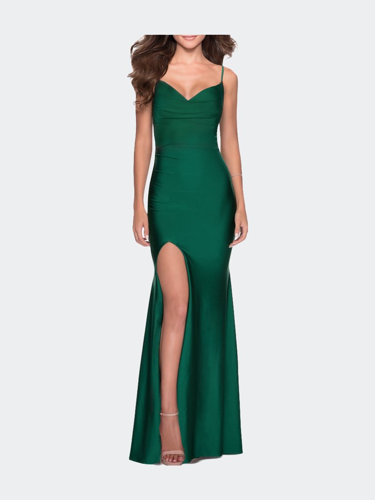 Form Fitting Jersey Prom Dress with Draped Neckline - Emerald