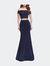 Form Fitting Off the Shoulder Jersey Mermaid Dress - Navy