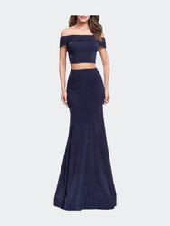 Form Fitting Off the Shoulder Jersey Mermaid Dress - Navy